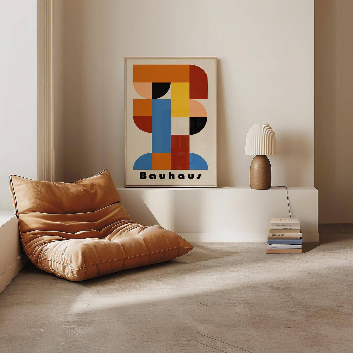 Mid-century modern print with earthy tones and bold shapes for a hallway