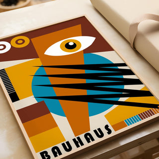 Bauhaus-inspired geometric poster in brown, yellow, and blue