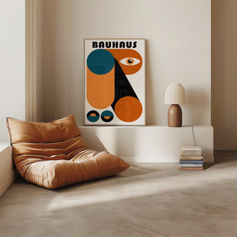 Geometric Bauhaus art print with bold orange and black shapes