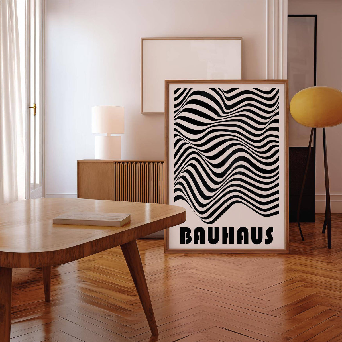 Black and white graphic art print with flowing geometric design