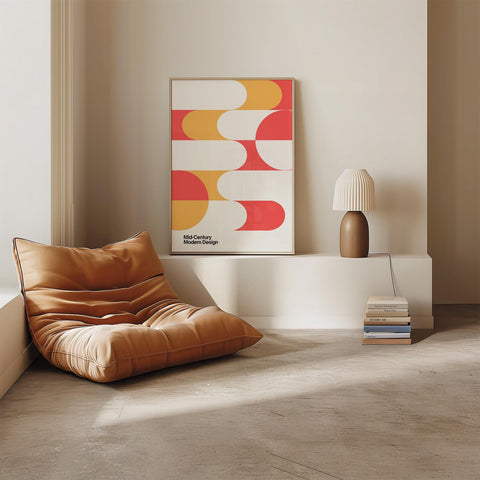 Bold geometric living room art in mid-century modern style