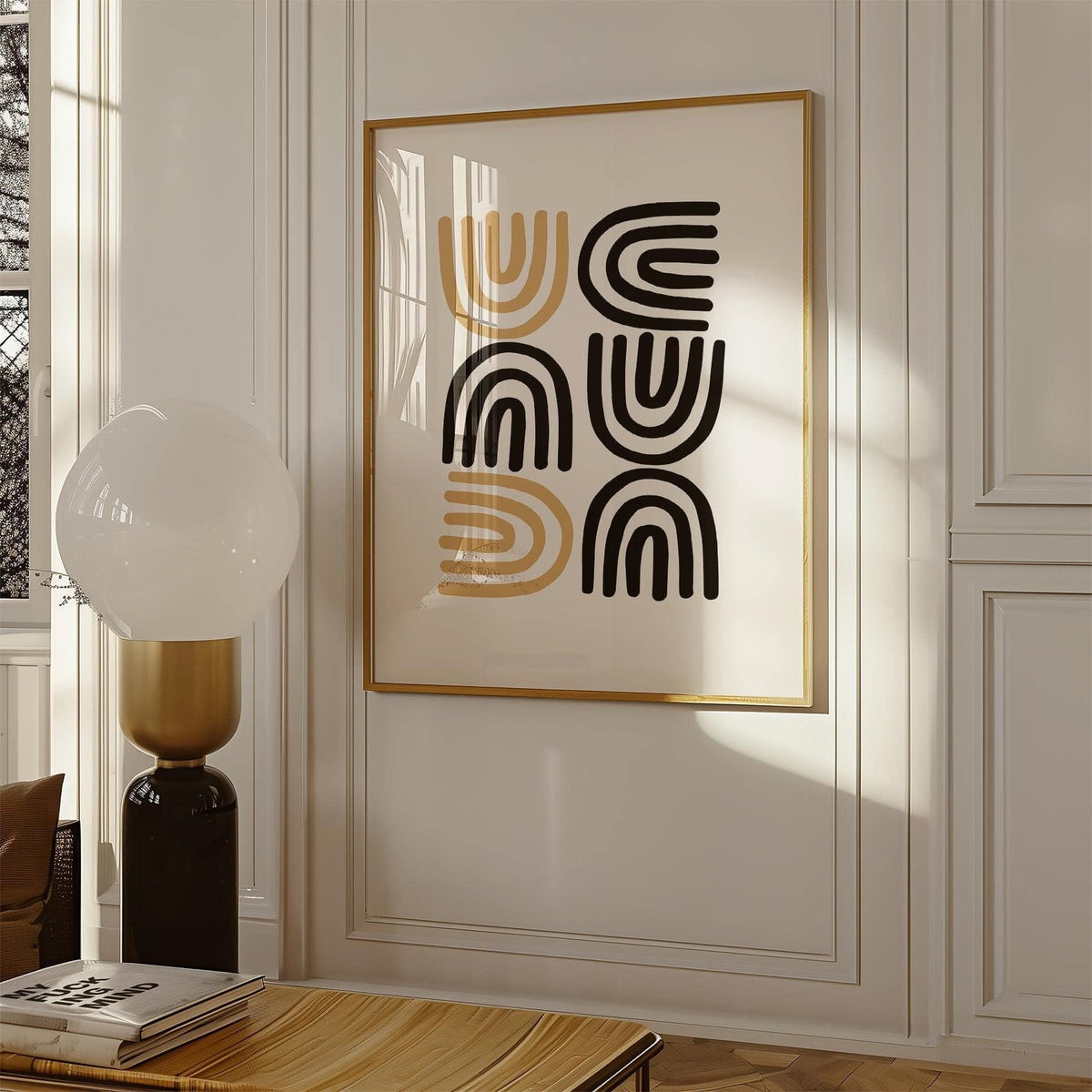 Elegant minimalist black and gold pictures featuring abstract arches