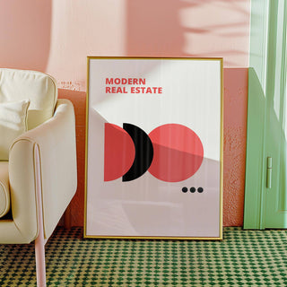 Real estate staging decor with abstract red black and white wall art