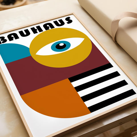 Bold Bauhaus eye design in geometric shapes for modern decor.