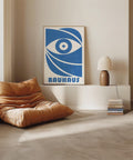 Modern blue Bauhaus art print with geometric eye design