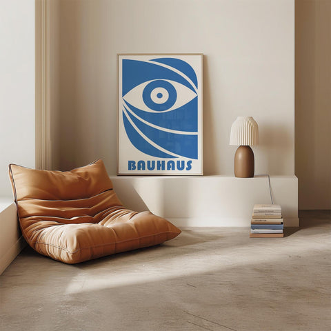 Modern blue Bauhaus art print with geometric eye design