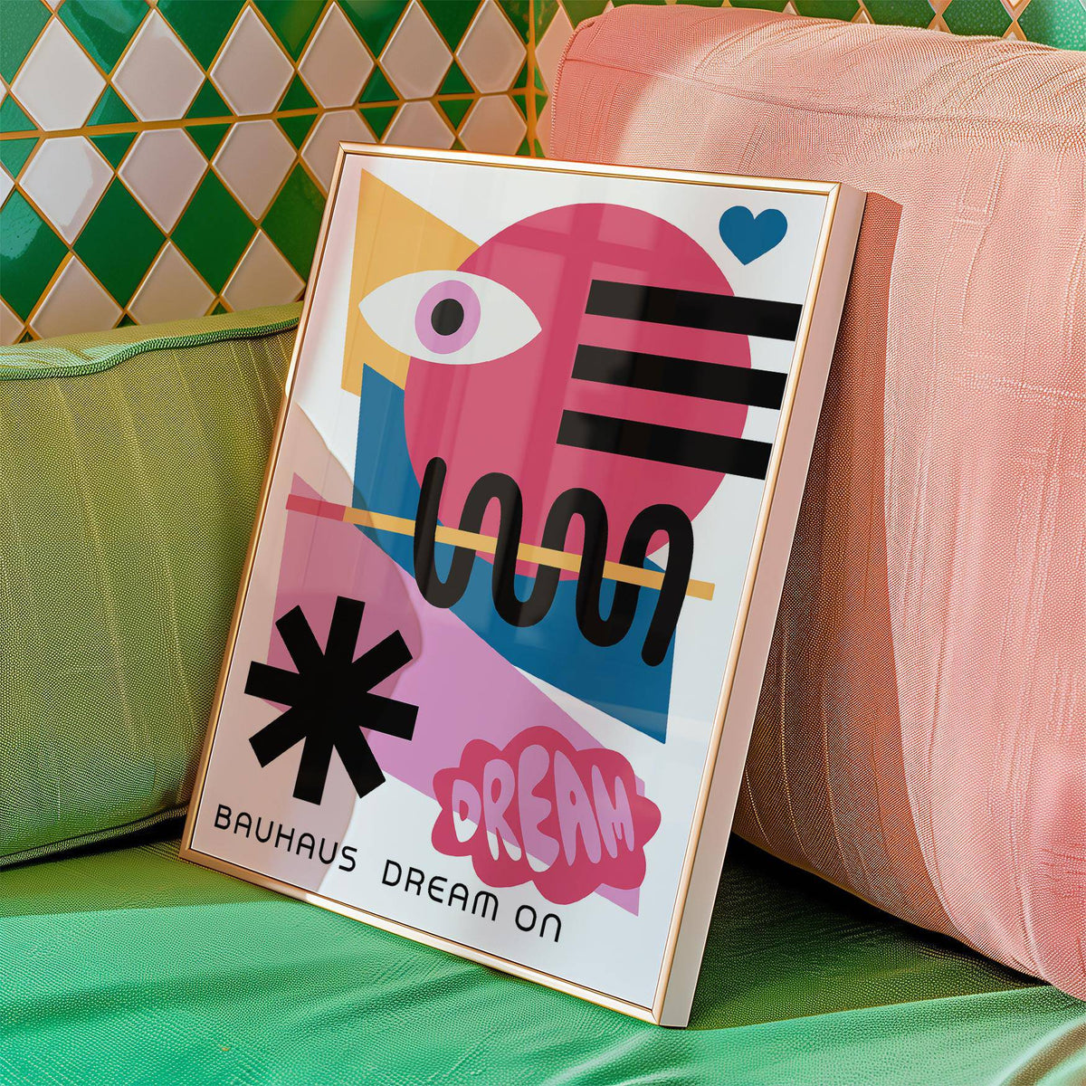 Modern maximalist wall art with bright abstract patterns