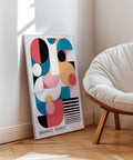 Abstract geometric girls art print with bold shapes and colours.