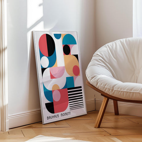 Abstract geometric girls art print with bold shapes and colours.