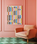 Colourful modern abstract print with geometric elements.