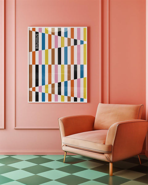 Colourful modern abstract print with geometric elements.