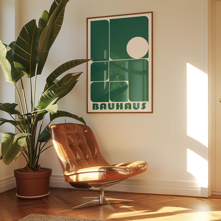 Art for Office print with green geometric shapes and white circle above a brown leather chair