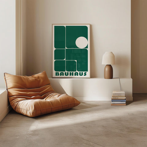 Green geometric Bauhaus art print with abstract shapes