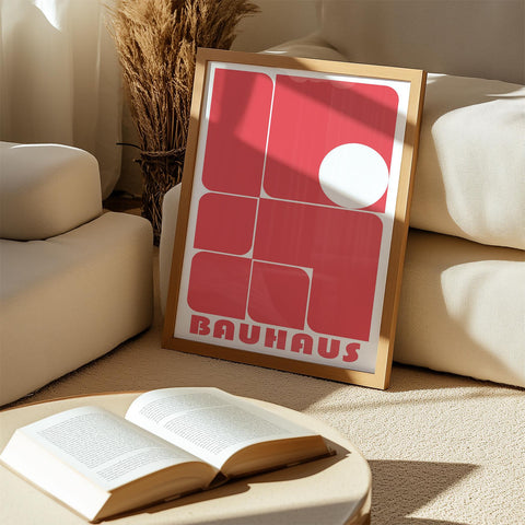 Bold red Bauhaus geometric art poster for stylish interiors