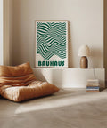 Green Bauhaus abstract art poster with wavy geometric lines