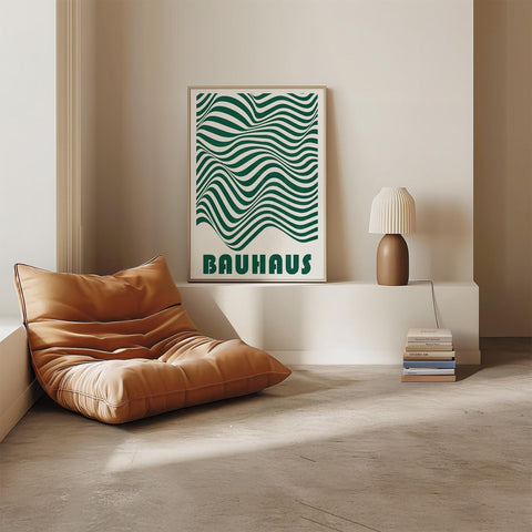 Green Bauhaus abstract art poster with wavy geometric lines