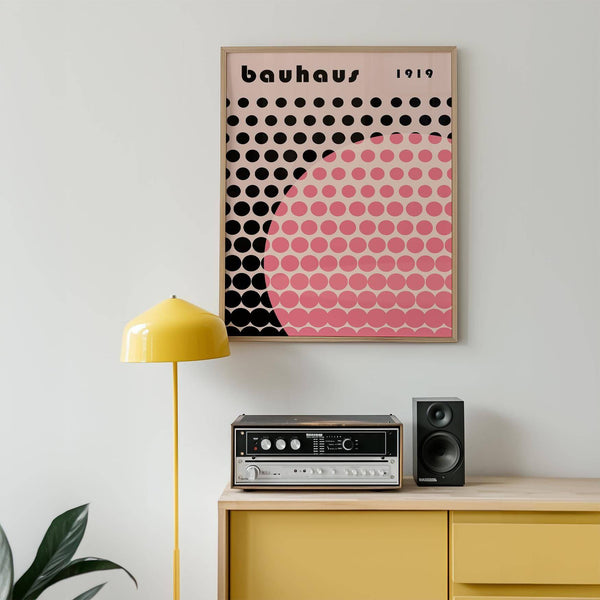 Minimalist Bauhaus print poster with vibrant pink hues