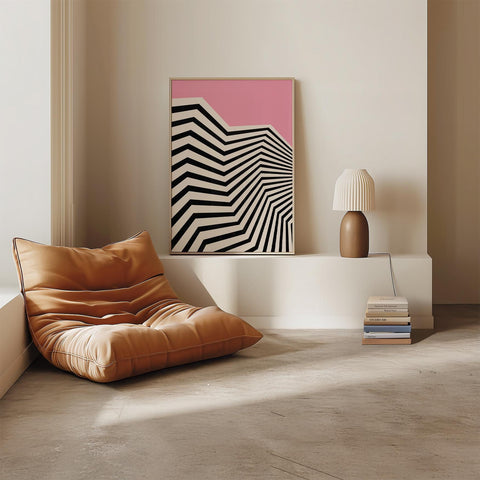 Pink and black geometric abstract wall art with zigzag design