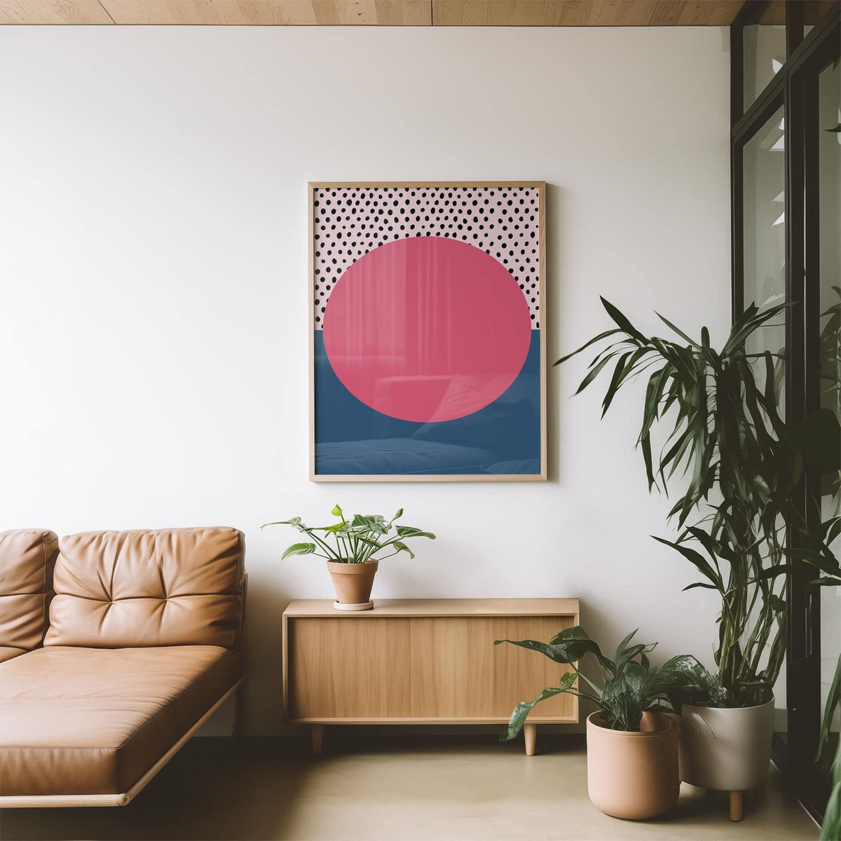 Sunset-inspired modern abstract art geometric decor styled above a couch