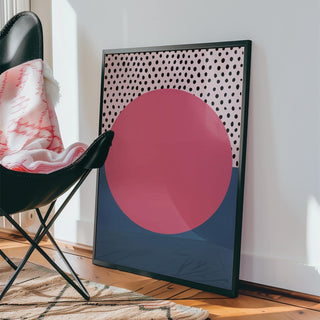 Graphic pink and blue modern abstract art geometric piece in a reading nook