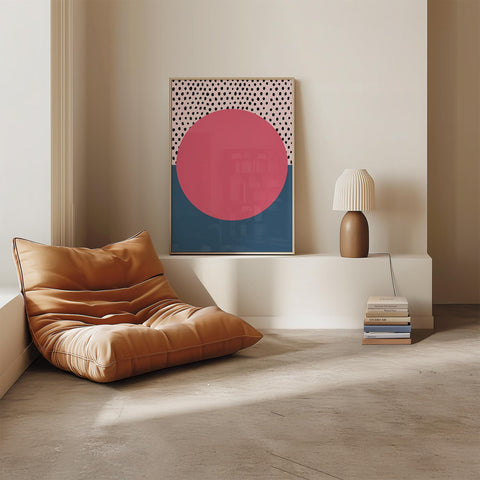 Polka dot sunset geometric poster with pink and blue tones