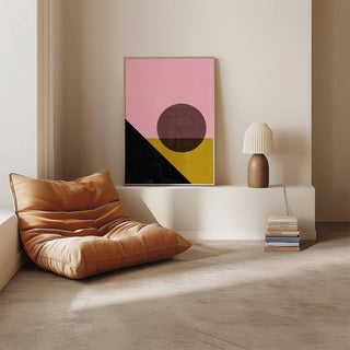 Abstract bright colored artwork in terracotta and yellow for bedroom decor