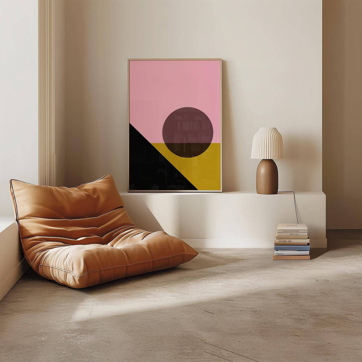 Abstract bright colored artwork in terracotta and yellow for bedroom decor