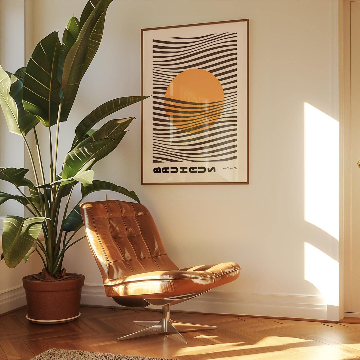 Bold orange and black bauhaus print for clean, minimalist living rooms
