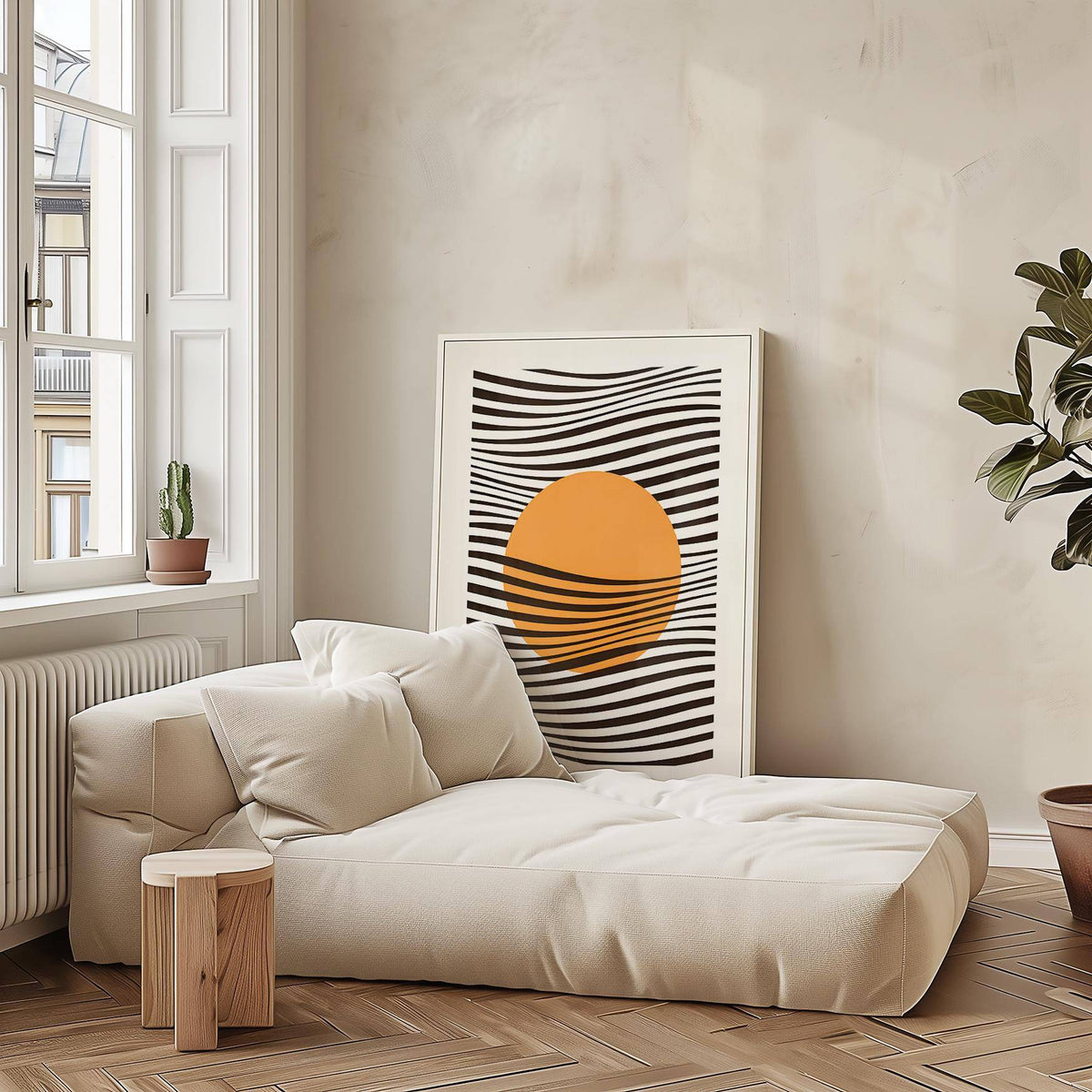 Mid-century inspired bauhaus print in black and orange for office decor