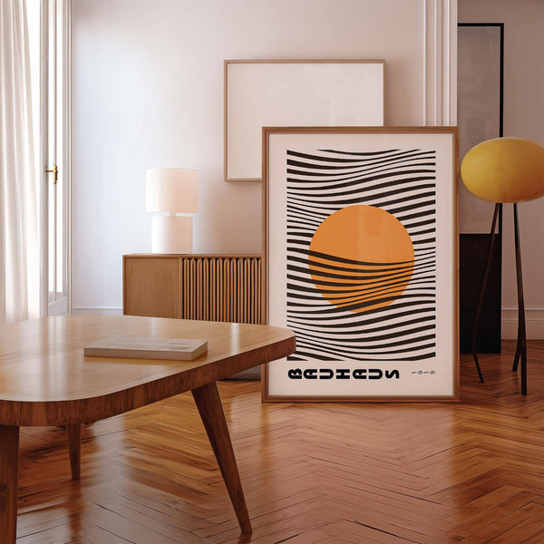 Orange focal point in black line bauhaus print for minimalist interiors