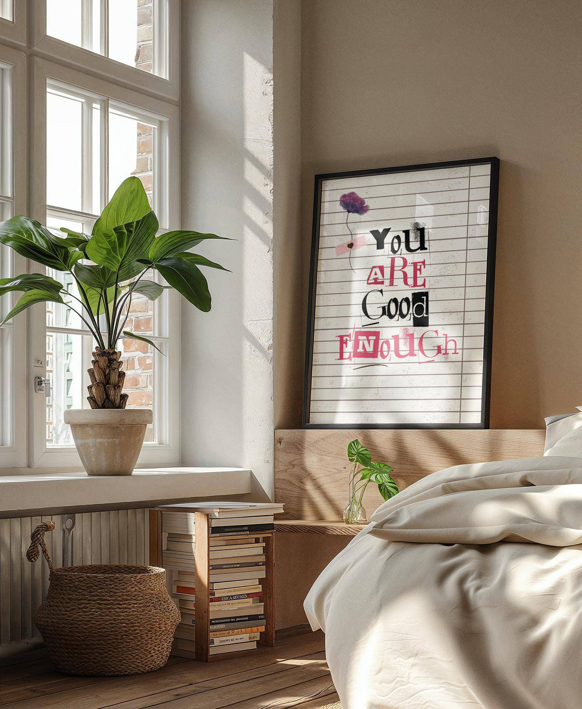 Encouraging wall art in posters of positivity with heart and floral details
