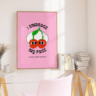 Playful cherry print wall art for dorm encouraging self-love and patience