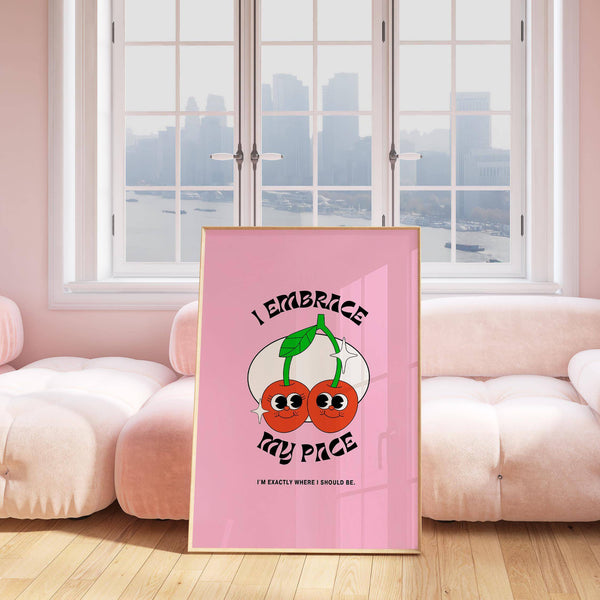 Pink background cherry-design wall art for dorm inspiring confidence