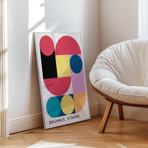 Colourful Bauhaus wall art with geometric shapes.