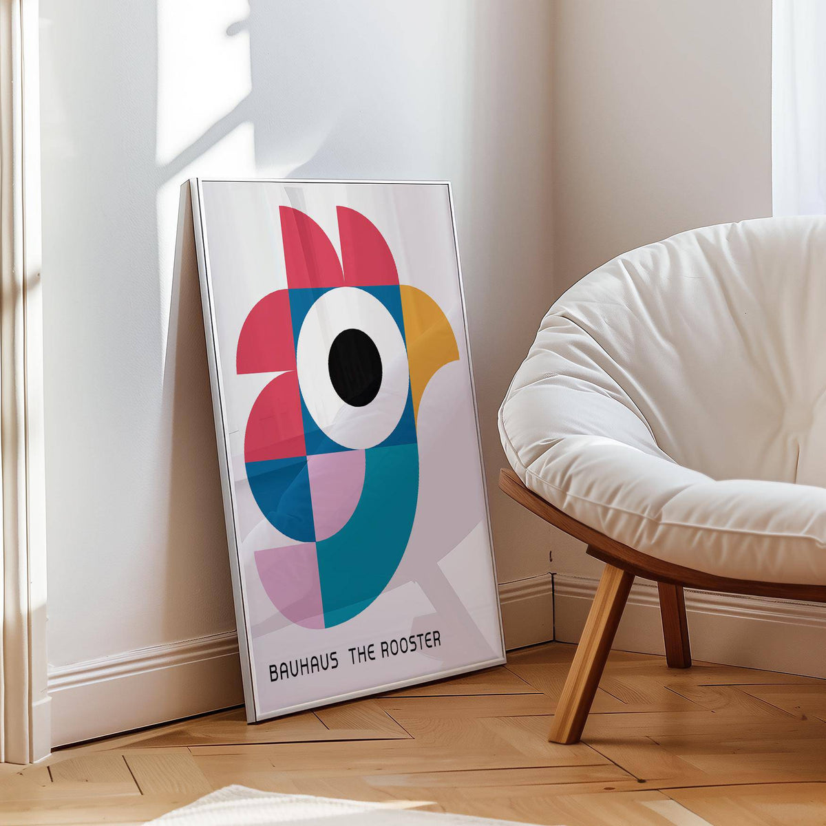 Playroom with framed geometric pattern art of a modern rooster