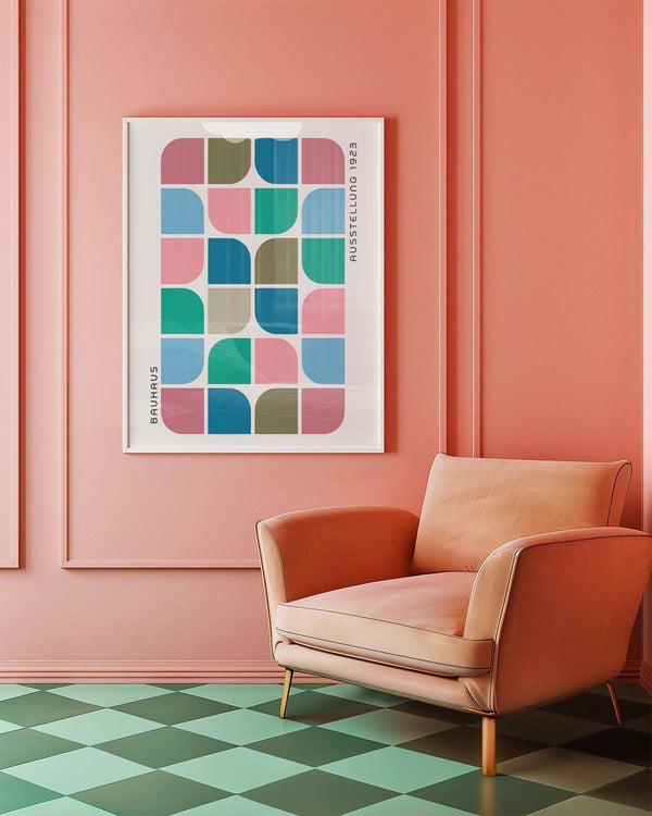Modern block colour wall art with Bauhaus-inspired patterns