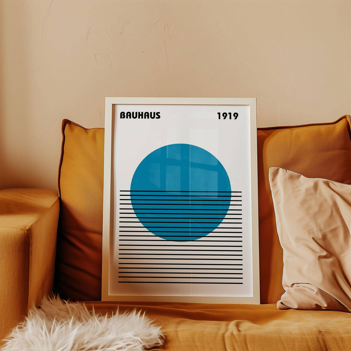 Living room styled with clean-lined minimalist art poster