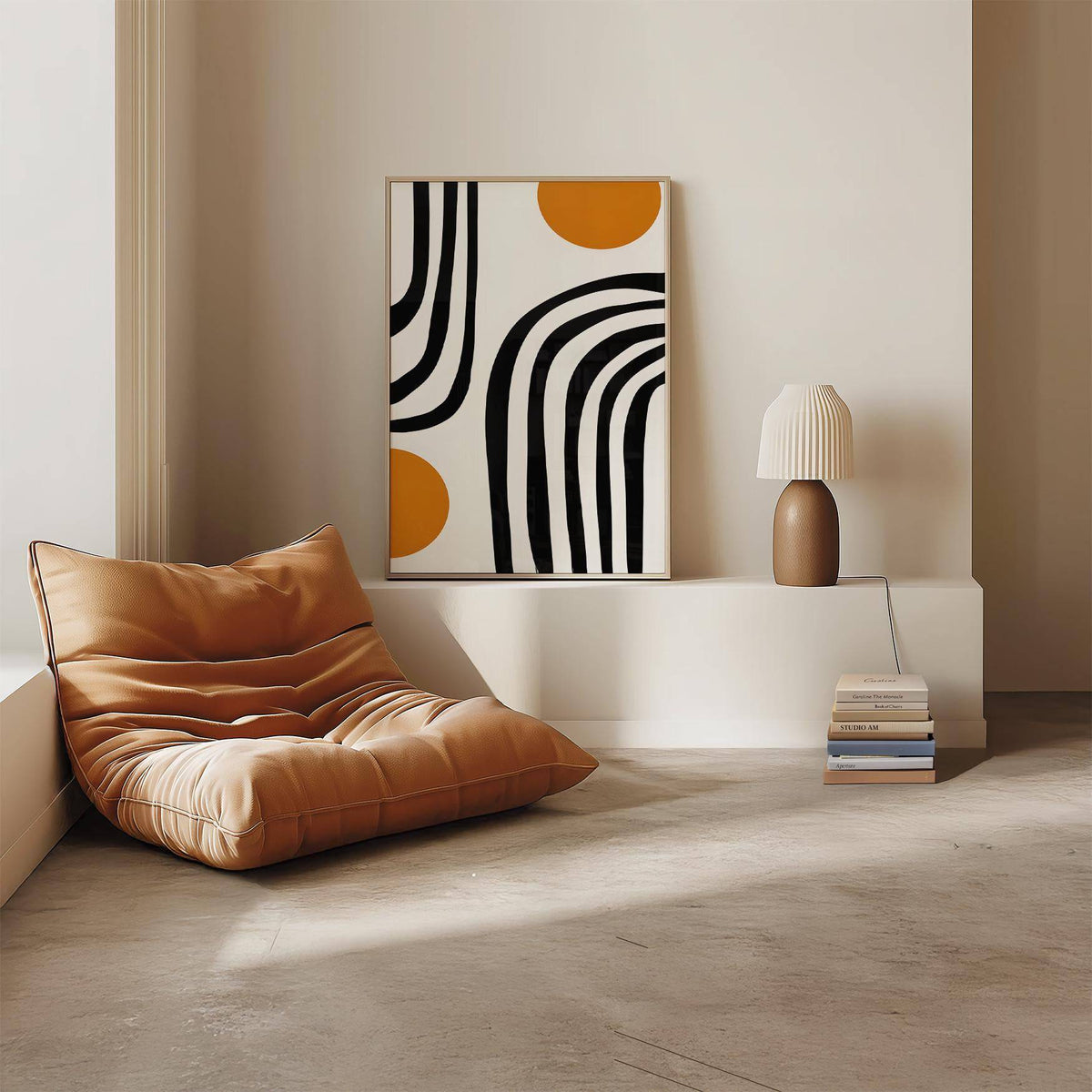 High-contrast stripe print in orange and black wall art style