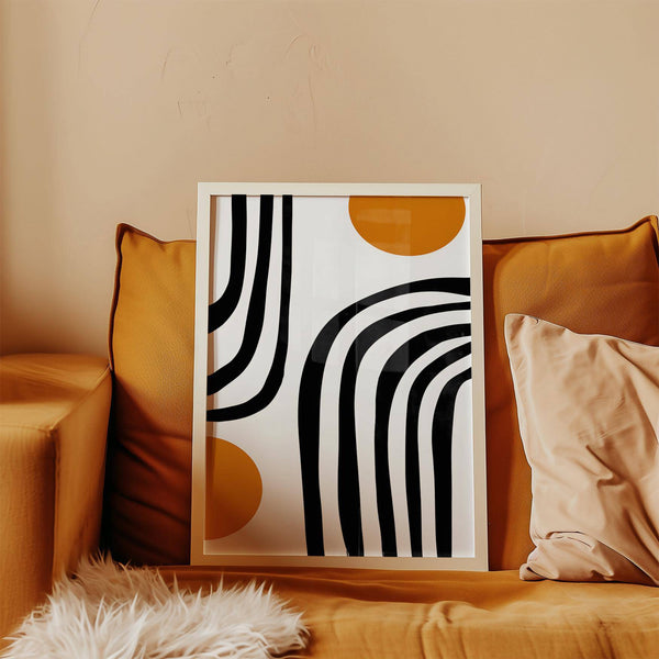 Living room styled with modern orange and black wall art