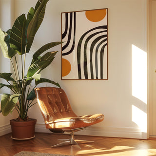 Minimalist home office with orange and black wall art