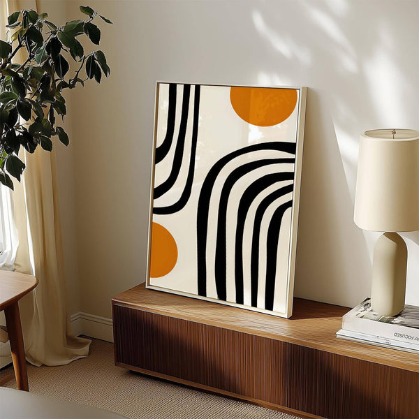 Bauhaus-style orange and black wall art in geometric pattern