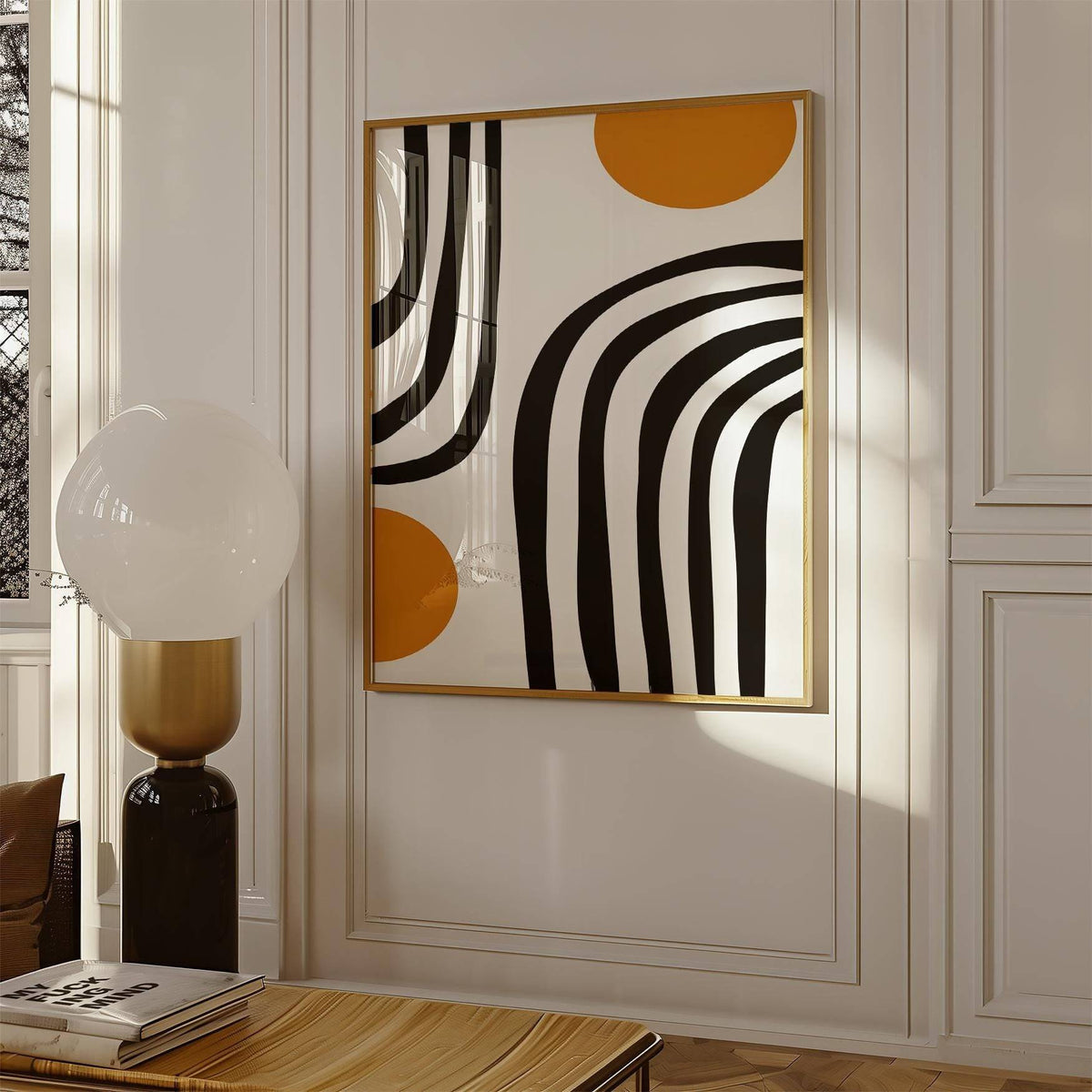 Abstract black arches with orange accents in wall art