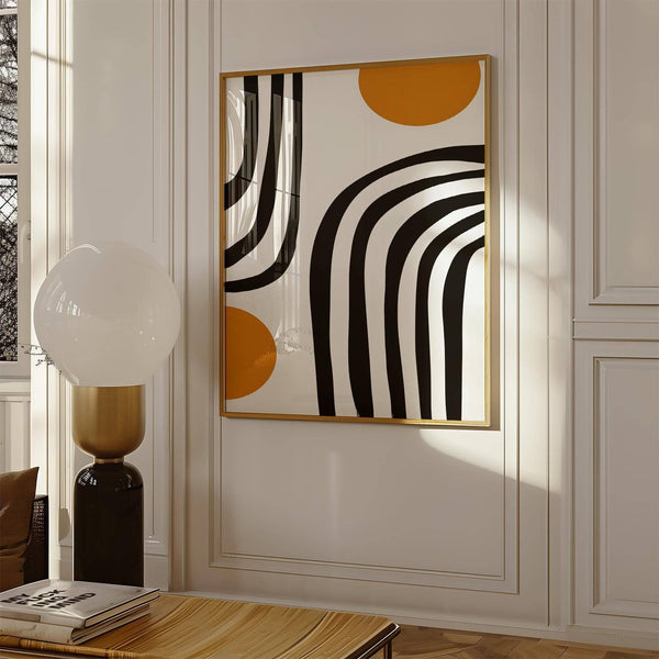 Abstract black arches with orange accents in wall art