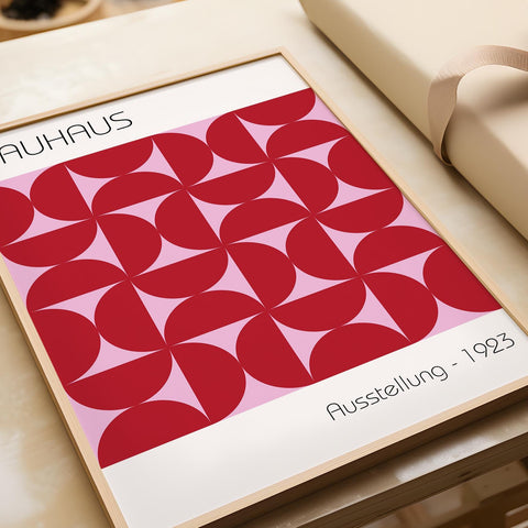 Geometric pattern print with bold red shapes