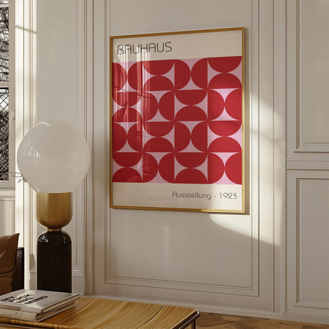 Bauhaus geometric wall art with red and pink pattern