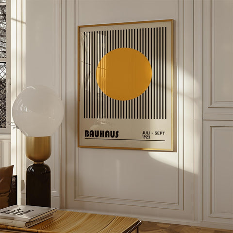 Bauhaus art print with bold yellow circle and lines