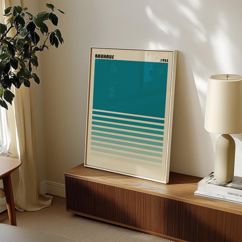 Retro Bauhaus art with teal gradient lines