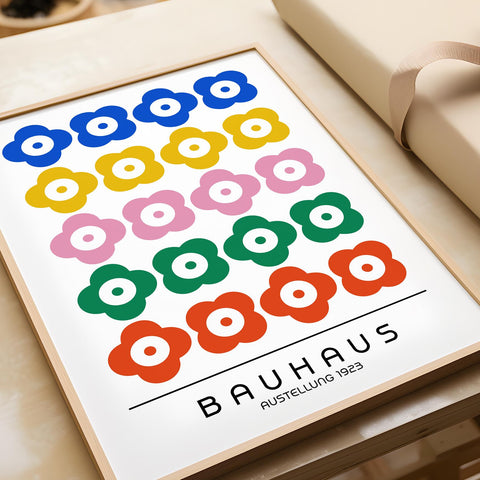 Multi-coloured abstract art print in Bauhaus style