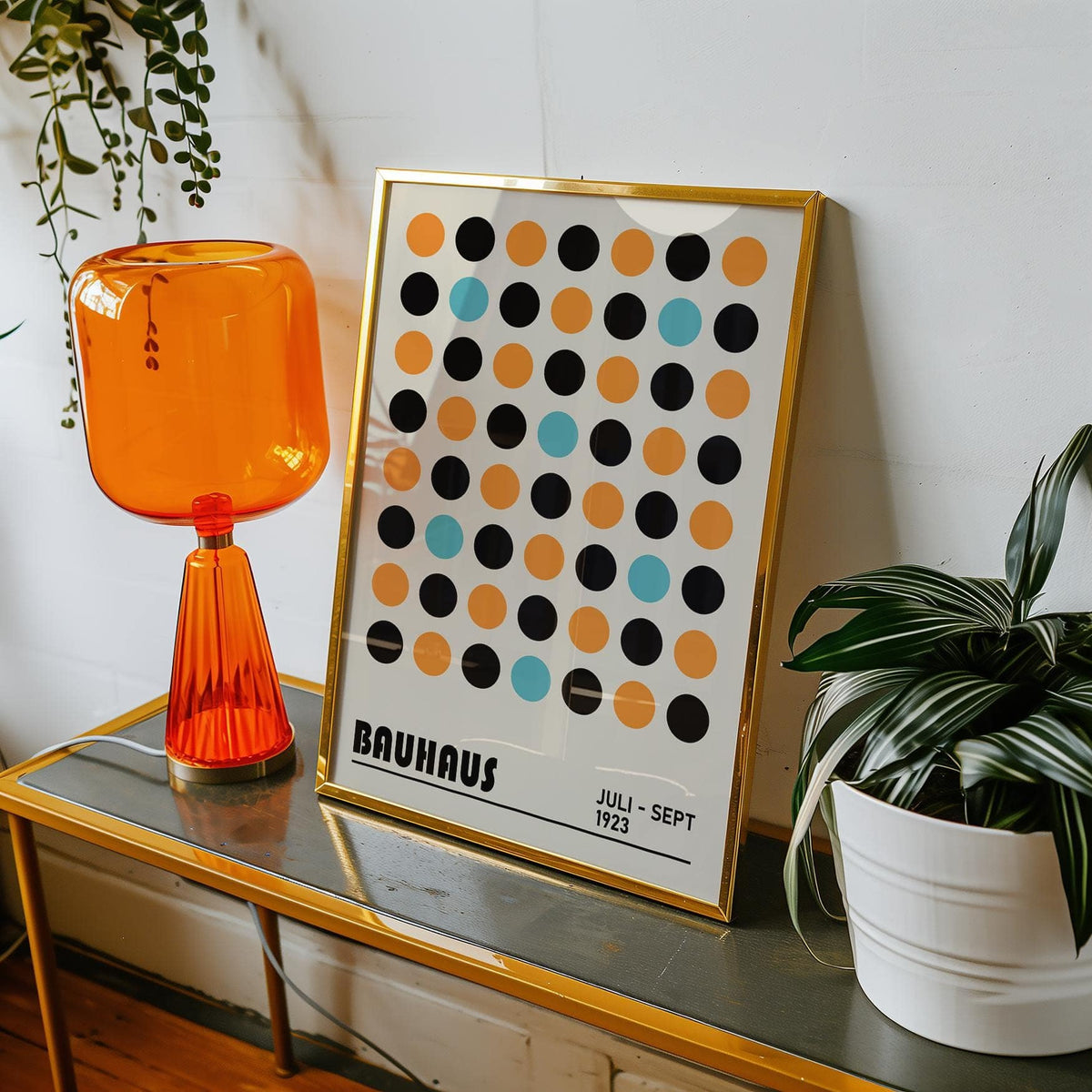 Contemporary hallway styled with geometric wall decor poster
