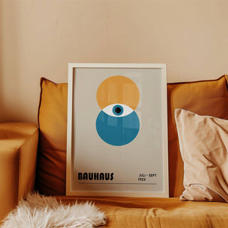 Minimalist Bauhaus painting with bold yellow, blue, and white circular shapes
